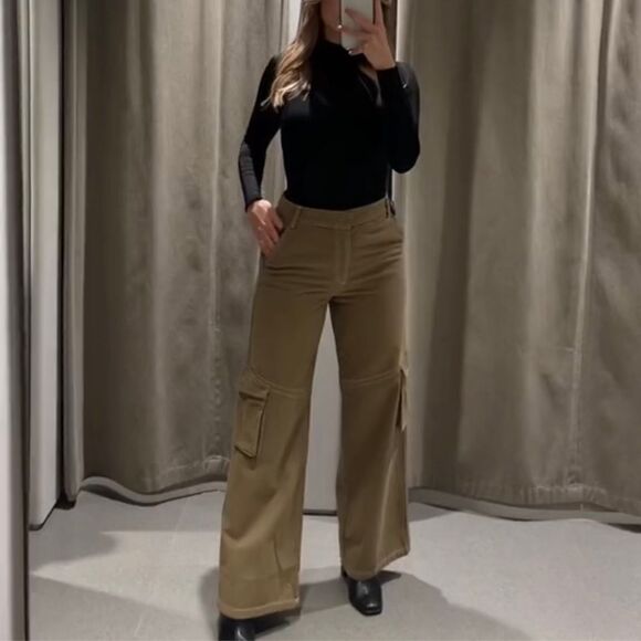 Zara Full Length Light Khaki Cargo Pants New - Picture 5 of 10